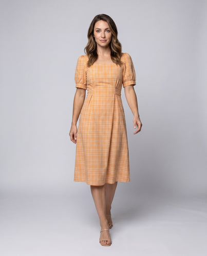 Damen Midi-Kleid mit Puffärmeln und kariertem Design