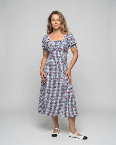 Damen Midi-Kleid mit Puffärmeln und strukturiertem Karo-Design