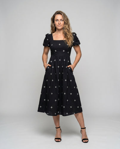 Damen Midi-Kleid mit Puffärmeln und zeitlosem Rautenmotiv