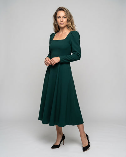 Damen Midi-Kleid mit schickem Quadrat-Ausschnitt und Puffärmeln