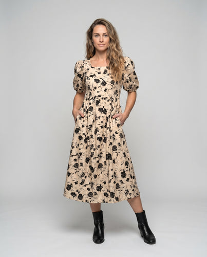 Damen Midi-Kleid mit voluminösen Puffärmeln und floralem Design