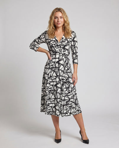 Damen Midikleid mit modernem geometrischen Muster und elegantem Taillengürtel