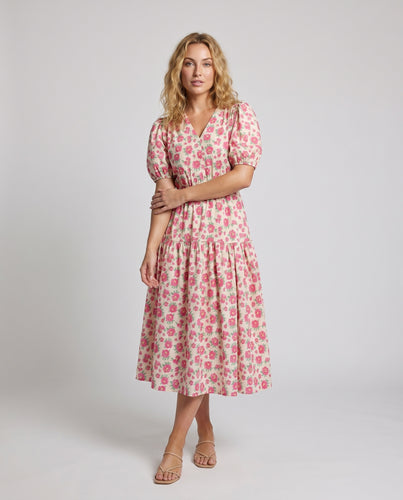 Damen Midikleid mit voluminösen Puffärmeln und floralem Muster