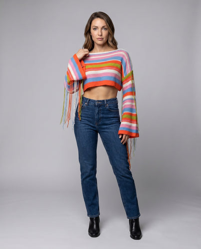 Damen Bunt gestreiftes, lässiges Cropped-Strickoberteil mit Fransen EB