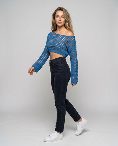 Damen Cropped Strickoberteil mit einzigartigem Lochmuster EB