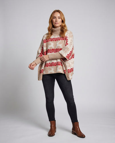 Damen Gemütlicher Strickpullover mit modernem Stehkragen und festlichem Motiv EB