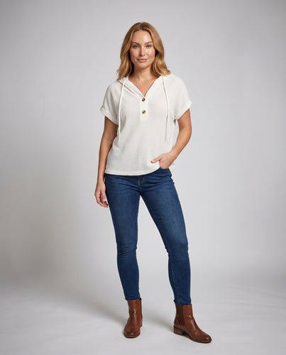Damen Gestreiftes Kurzarm-Hoodie mit Knopfdetails und lässigem Schnitt EB