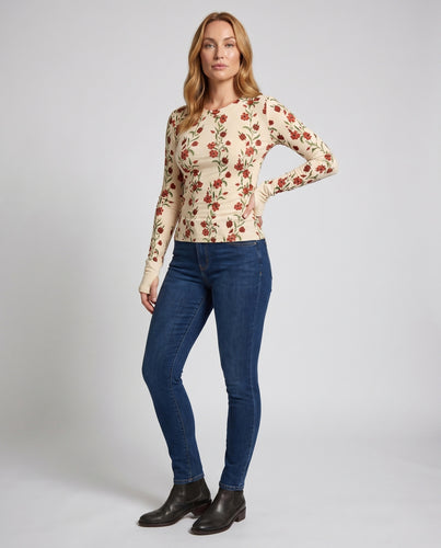 Damen Langarmshirt mit floralem Muster und elegantem Rippdesign EB
