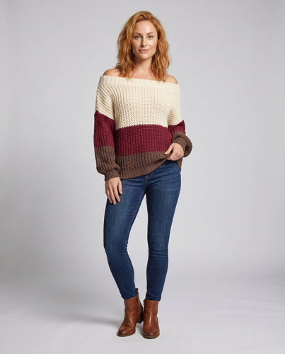 Damen lässiger Strickpullover mit weitem Ausschnitt und modischen Farbstreifen EB