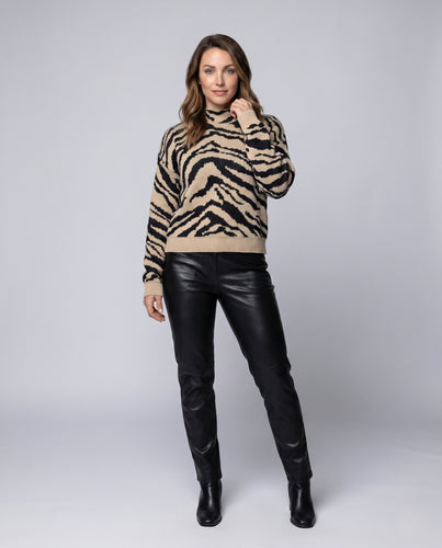 Damen modischer Strickpullover mit tierischem Muster und hohen Bündchen EB