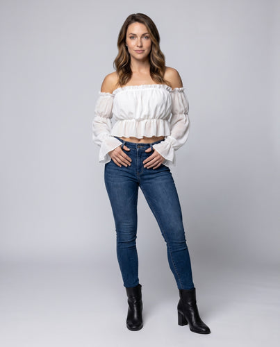 Damen Off-Shoulder Bluse mit rüschenförmigen Ärmeln und elastischem Bund EB