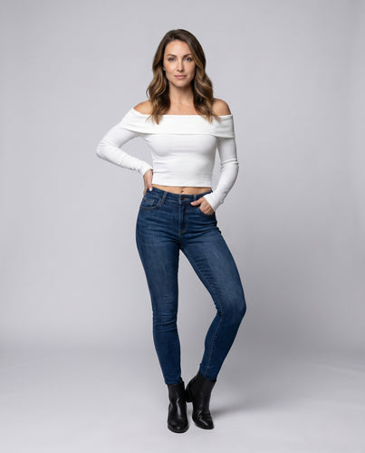Damen Off-Shoulder Oberteil mit langen Ärmeln und feiner Rippstruktur EB