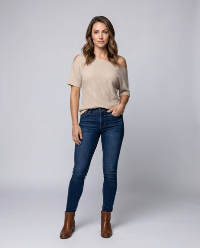 Damen Off-Shoulder Shirt mit lässigem Waffelmuster EB