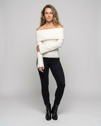 Damen Off-Shoulder Strickoberteil mit breitem Bund und langen Ärmeln EB