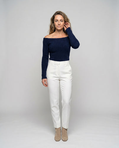 Damen Off-Shoulder Strickpullover mit feinen Rippenstrukturen EB
