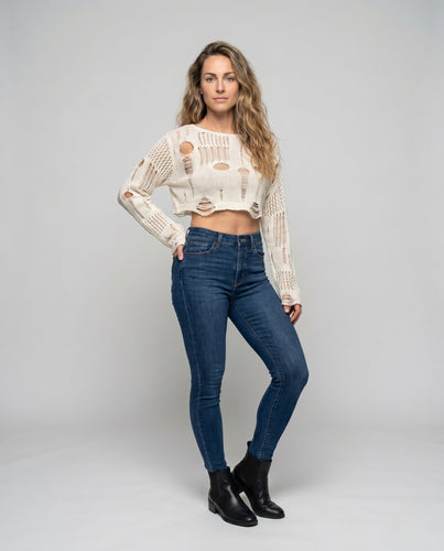Damen Offene Strickbluse mit einzigartigem Lochmuster EB