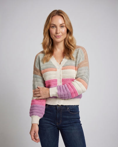 Damen Strickjacke mit auffälligem Streifenmuster und schimmerndem Knopf EB