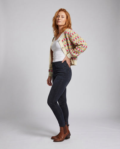 Damen Strickjacke mit buntem Blumenmuster und Knopfverschluss EB