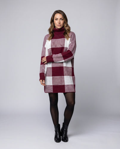 Damen Strickkleid mit hochgeschlossenem Kragen und kariertem Design EB