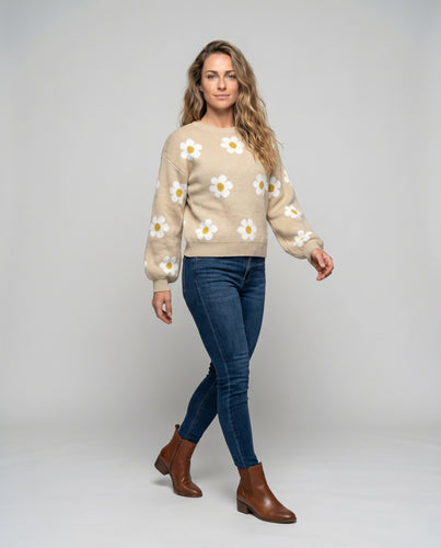 Damen Strickpullover mit floralen Mustern und voluminösen Ärmeln EB