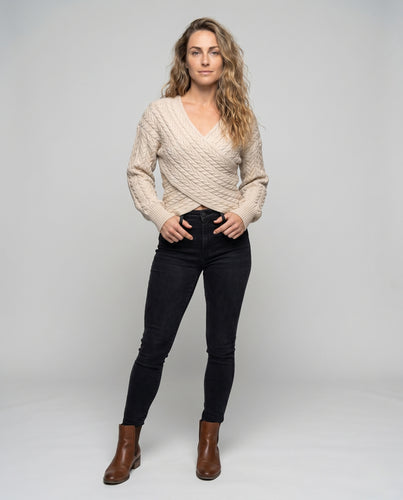 Damen Strickpullover mit gewickeltem Design und V-Ausschnitt EB