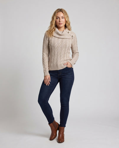 Damen Strickpullover mit modernem Stehkragen und Knopfdetails EB