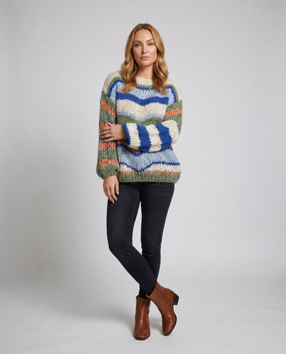 Damen Strickpullover mit weitem Schnitt und buntem Streifenmuster EB