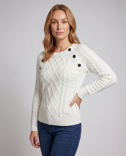 Damen Strickpullover mit Zopfmuster und Knopfdetails EB