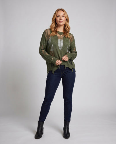 Damen Stylischer Pullover mit Lochmuster und ausgefransten Säumen EB