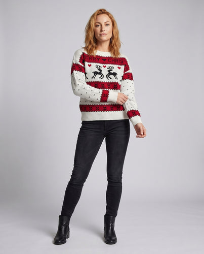 Damen Weihnachtsstrickpullover mit blau-weißem Motiv und Rundhalsausschnitt EB