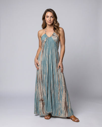 Damen schwingendes Maxikleid mit elegantem V-Ausschnitt und feinen Spaghetti-Trägern EB