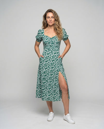 Damen Sommerliches Blumen-Midi-Kleid mit Puffärmeln und romantischem V-Ausschnitt EB