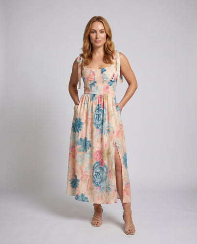 Damen Sommerliches Maxikleid mit verspieltem Blütenmuster und schulterfreien Trägern EB