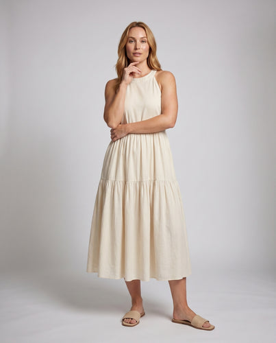Damen Sommerliches Maxikleid mit verspieltem Raffungseffekt und ärmellosem Design EB