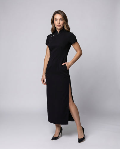 Damen Spitzenbetontes Maxikleid mit elegantem Rundhals EB