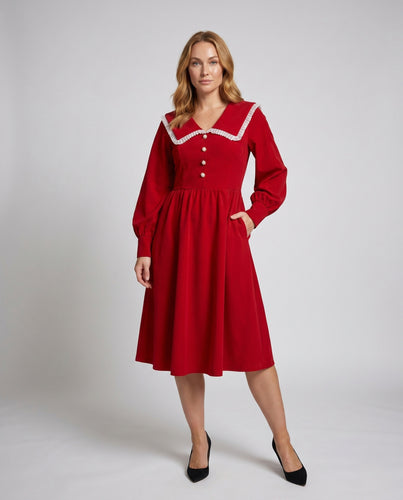 Damen Victorianisches Midi-Kleid mit eleganter Kragenpartie und Puffärmeln EB