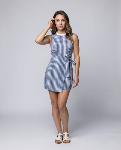 Damen Wickelkleid mit kariertem Muster und taillierbarem Gürtel EB