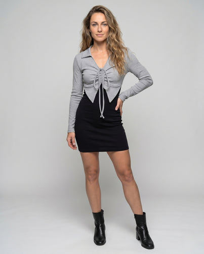 Damen Wickelkleid mit modischem Kragen und raffinierten Schnürdetails EB