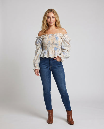 Damen Off-Shoulder Bluse mit Volants und floralem Muster EB