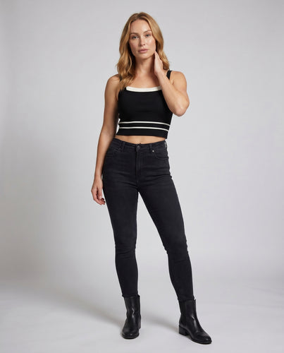 Damen Relaxed Fit Crop-Top mit kontrastierenden Akzenten und vertikalem Streifen EB