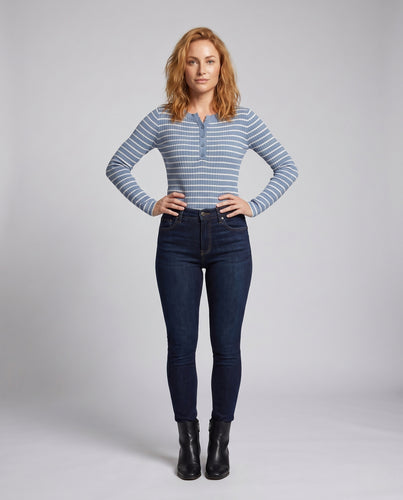 Damen Rippstrickshirt mit Knopfleiste und Längsstreifen EB
