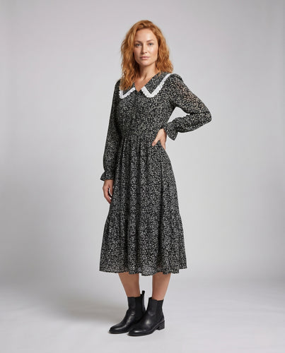Damen romantisches Blumenkleid mit Rüschenkragen und gestuftem Rock EB