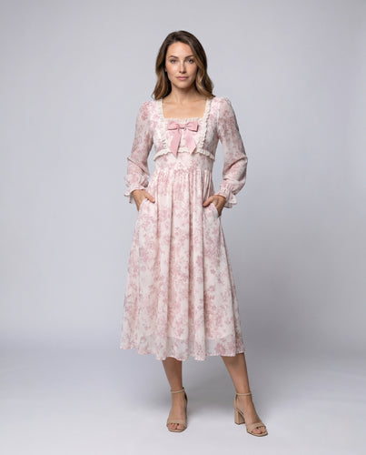 Damen romantisches Maxikleid mit Rüschendetails und Schleifenakzent EB