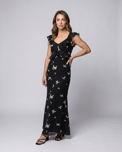 Damen romantisches Maxikleid mit Rüschendetails und Schmetterlingsmuster EB