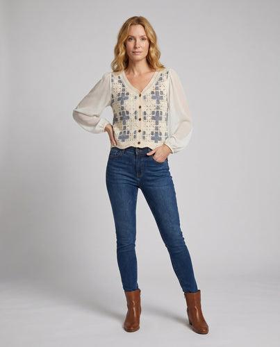 Damen cropped Häkelbluse mit weiten Ärmeln EB