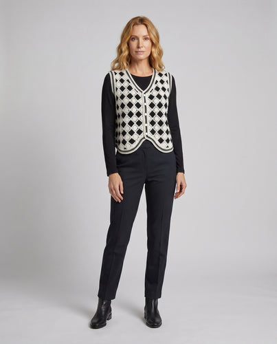 Damen Cropped Häkeloberteil mit buntem Quadratmuster und Knopfleiste EB