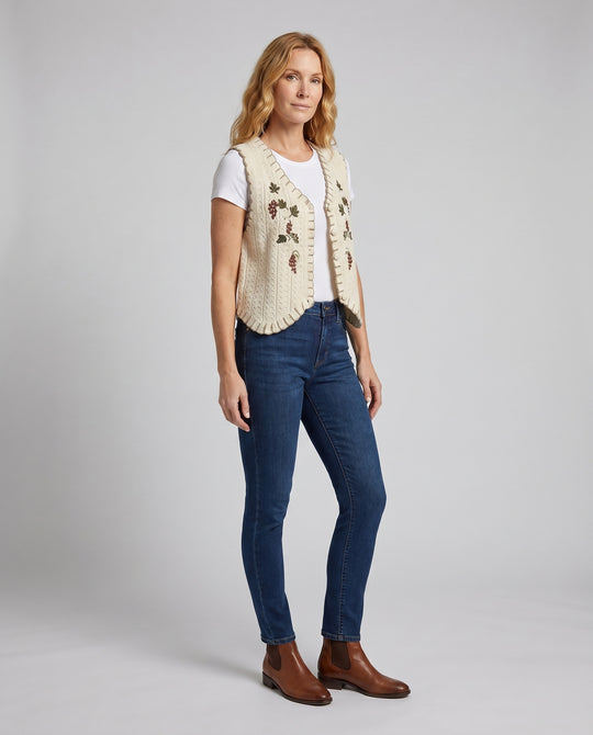 Damen elegante gehäkelte Weste mit floralen Applikationen EB