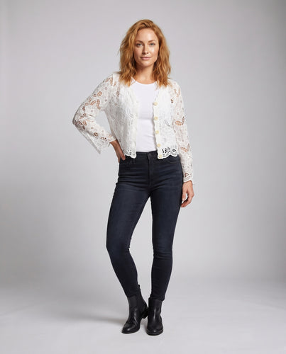 Damen elegante Häkelbluse mit transparenten Ärmeln EB