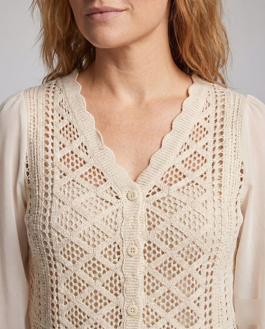 Damen elegante Häkelbluse mit transparenten Puffärmeln und fransigem Abschluss EB