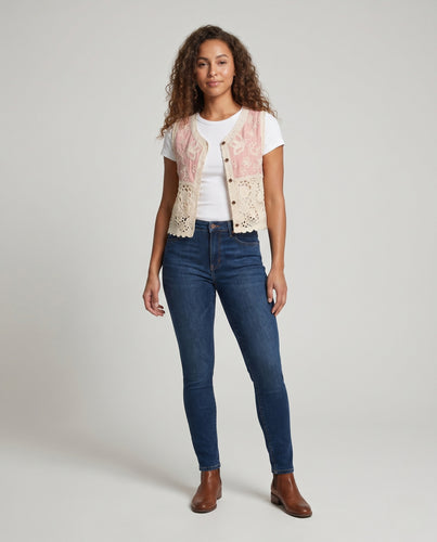 Damen Elegante Häkelweste mit floralem Design und Knopfleiste EB